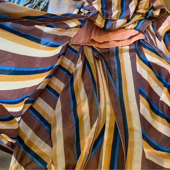 Olivaceous V-Neck Maxi Dress Large Striped Blue Brown Tie Waist Long outer Panel - Picture 6 of 13